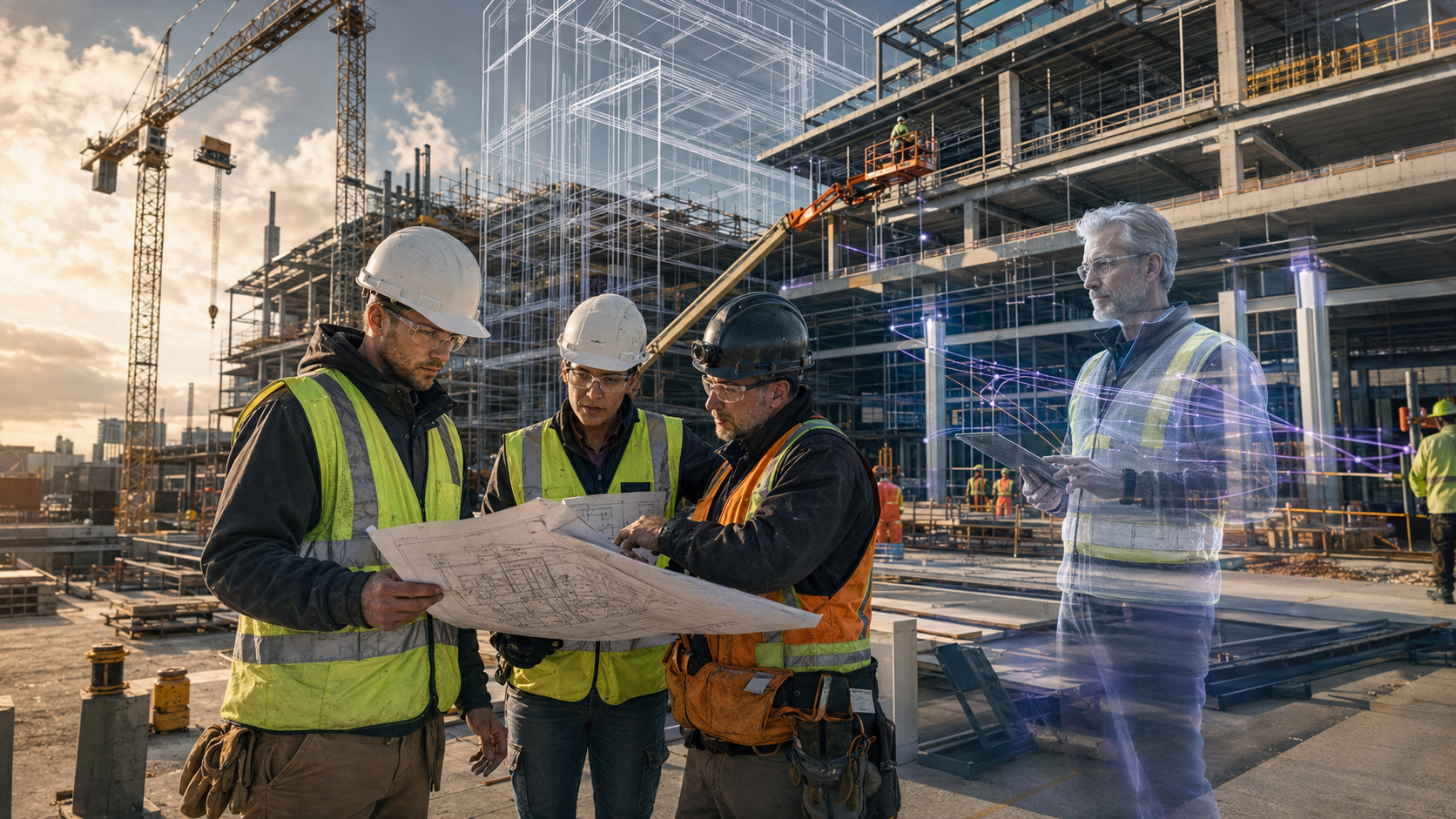Construction professionals supported by the human-faced silver Wave Genius AI Navigator at a commercial project