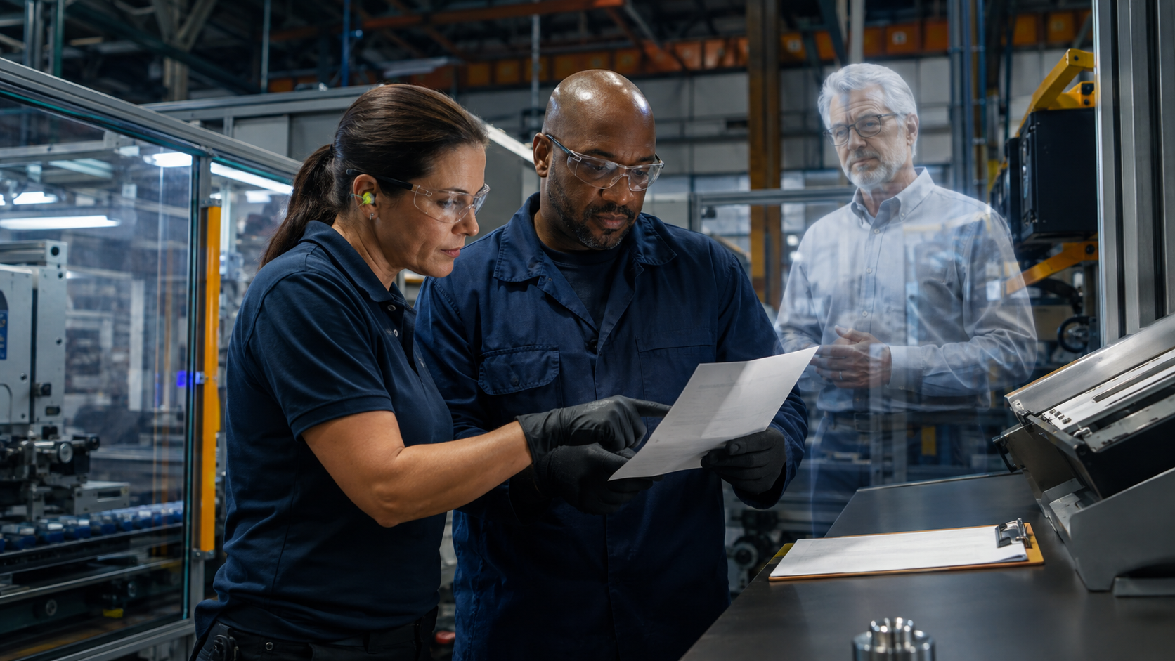 Manufacturing team supported by the human-faced silver Wave Genius AI Navigator