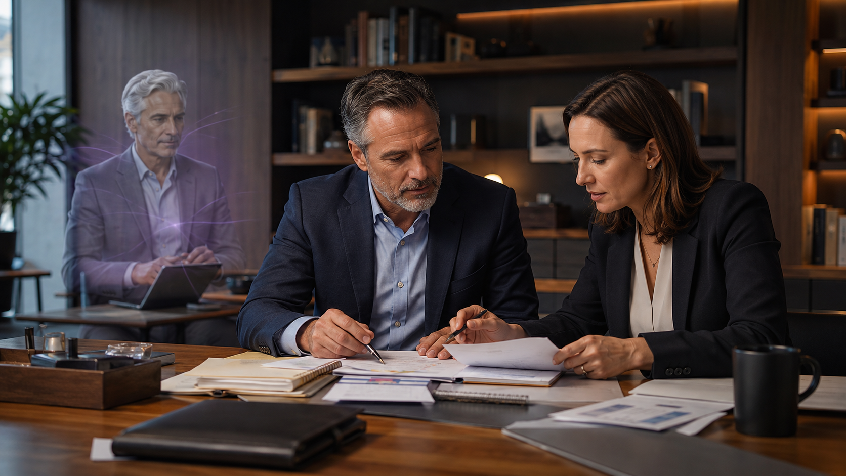 Senior advisor and client supported by the human-faced silver Wave Genius AI Navigator